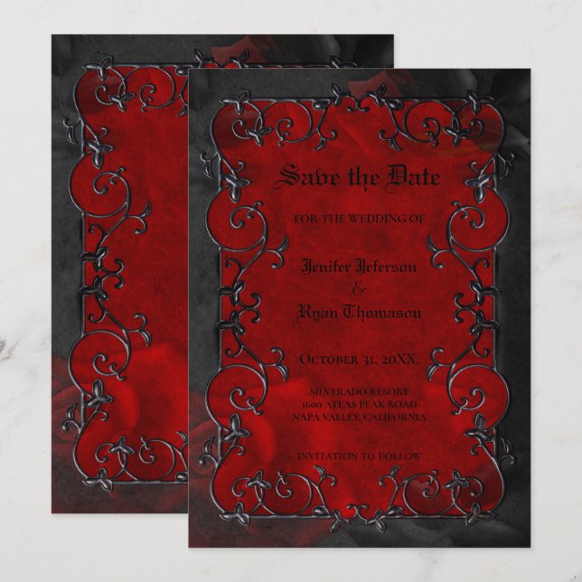 Red Gothic halloween wedding save the date Meddelande (Fram/baksida)