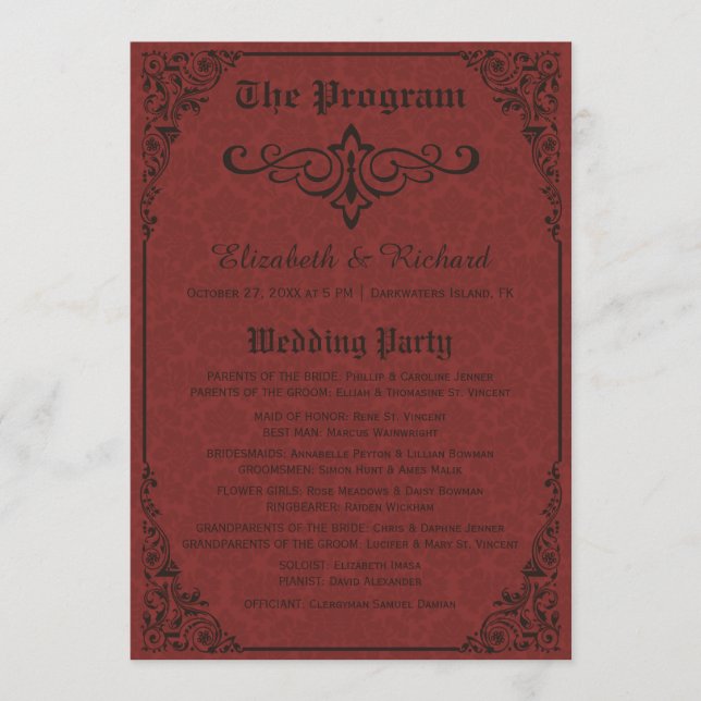Red Gothic Victorian Damask Wedding Program (Framsida)