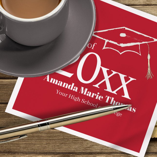 Red Graduation Script Name Class Year Design Pappersservett (Red graduation napkins with custom name and class year, bold modern design)