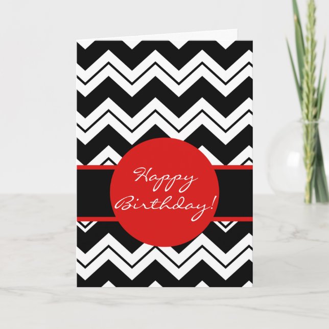 Red Graphic Black & White Zizzag Chevron Birthday Kort (Framsida)