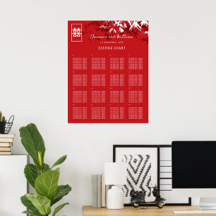 Red & Grått Bamboo Löv Asian Bröllop Seat Chart Poster