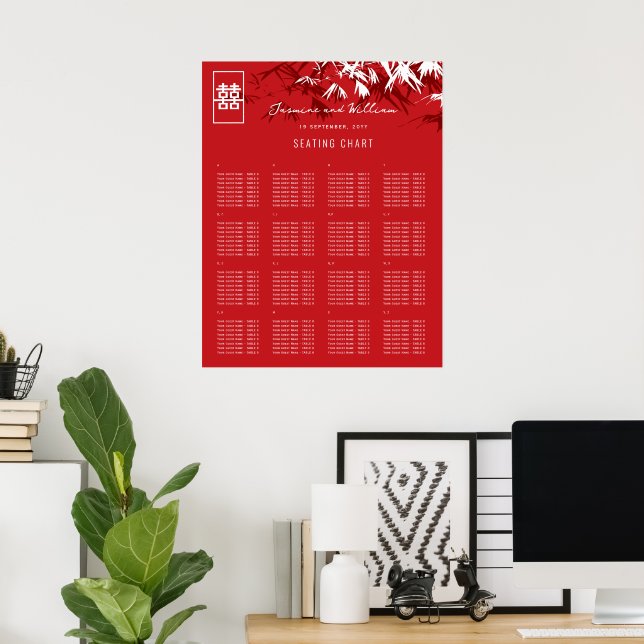 Red & Grått Bamboo Löv Asian Bröllop Seat Chart Poster (Hemmakontoret)