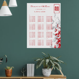 Red & Grått Bamboo Löv Asian Bröllop Seat Chart Poster