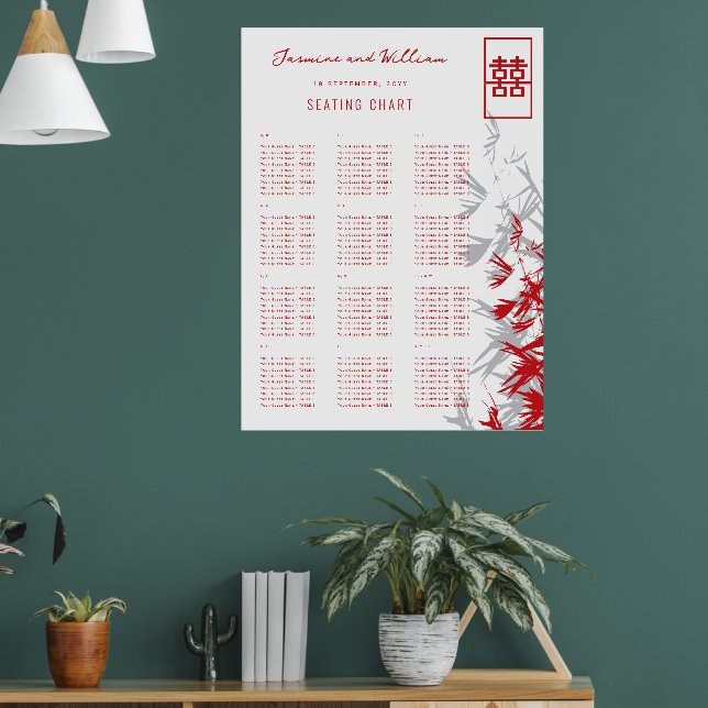 Red & Grått Bamboo Löv Asian Bröllop Seat Chart Poster (Vardagsrum 1)