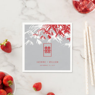 Red/Grått Bamboo Löv Dubbla Xi Chinese Bröllop Pappersservett