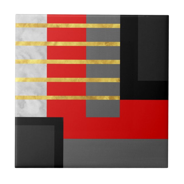 Red Grått Black Guld Geometric Block Kakelplatta (Framsidan)