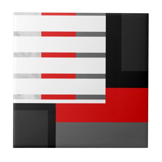 Red Grått Black och White Stripe Geometric Block Kakelplatta (Framsidan)