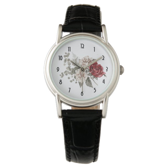 Red Grått & Cream Boho Flower Bouquet Armbandsur (Framsida)