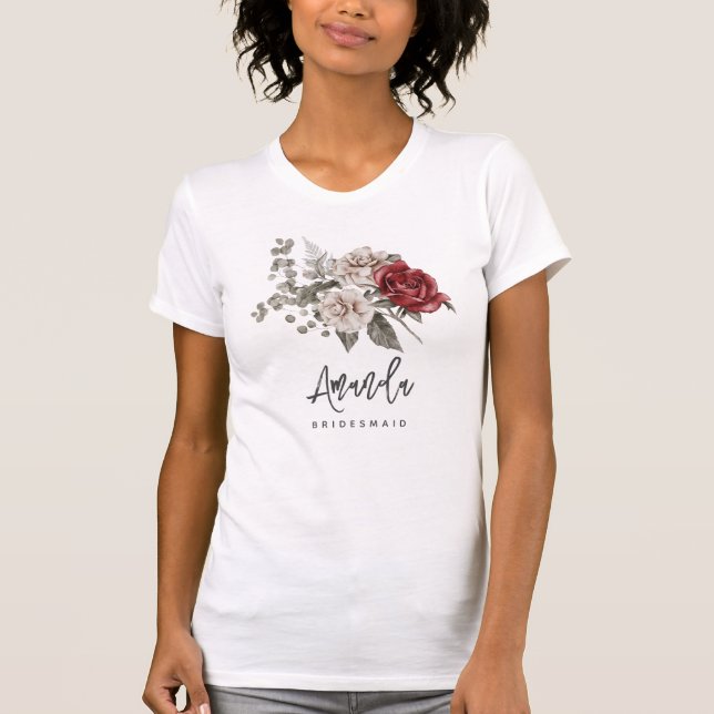 Red Grått & Cream Boho Flower Bouquet Bridesmaid T Shirt (Framsida)