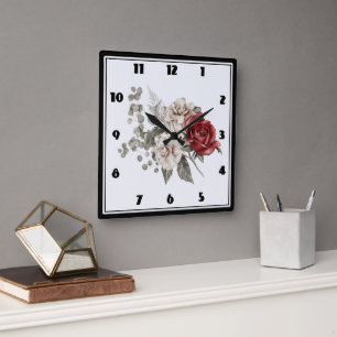 Red Grått & Cream Boho Flower Bouquet Fyrkantig Klocka