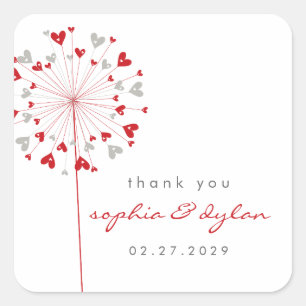 Red & Grått Dandelion Flower Kärlek Hearts Bröllop Fyrkantigt Klistermärke