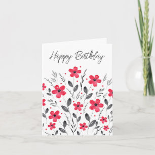 Red Grått Fem Petal Watercolor Blommigt Motif Kort