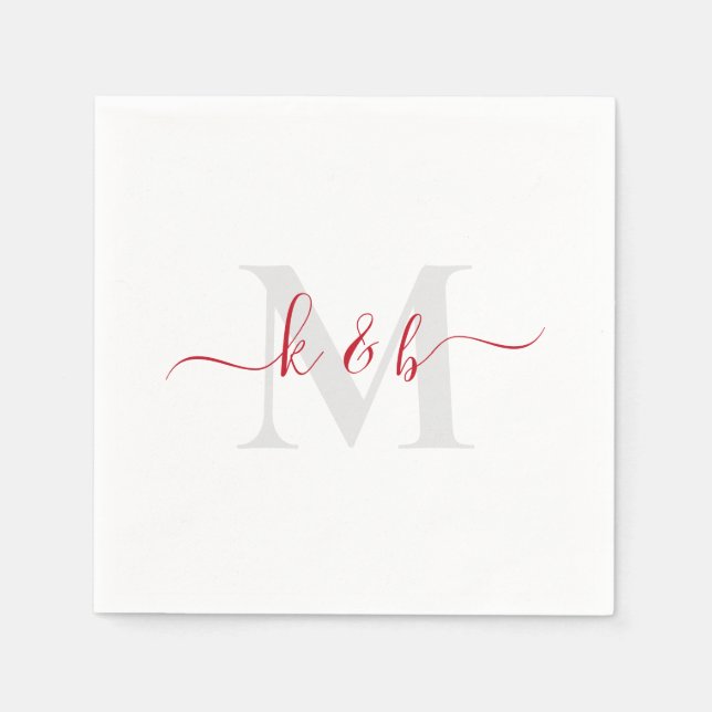 Red & Grått Monogram Swash Script White Cocktail Pappersservett (Framsidan)