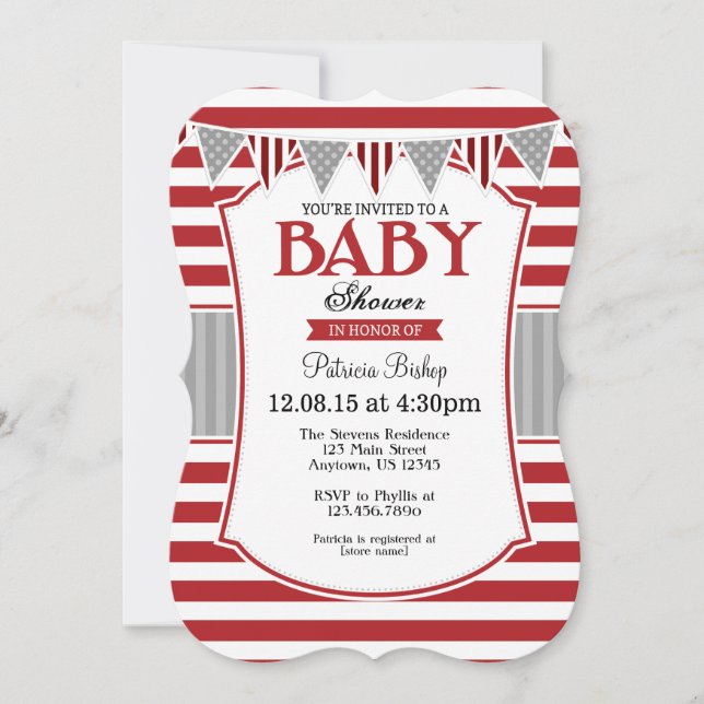 Red Grått Rand Baby Shower-inbjudan Inbjudningar (Framsida)