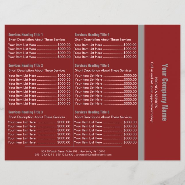 Red Grått Simple Gräns Pris List 6 Reklamblad (Framsidan)