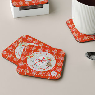 Red Grått Snowflake-jultomten Santa Monogram Underlägg Papper Kvadrat