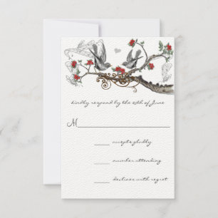 Red Grått Vintage Love birds Forest Wedding bjudan OSA Kort