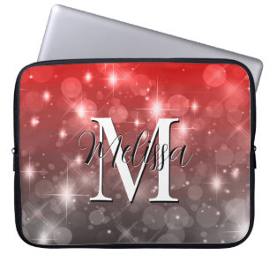 Red & Gray Bokeh Modern Monogram Sparkle Laptop Fodral