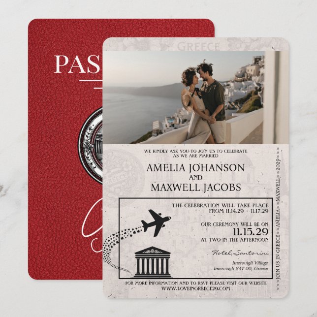 Red Greece Passport bröllop-inbjudan Inbjudningar (Fram/baksida)