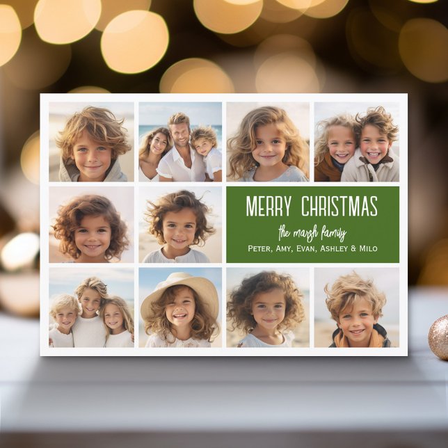 Red Greed Retro Rand - 10 Photo Julkort (Modern Holiday Greeting Card with a Family Photo)