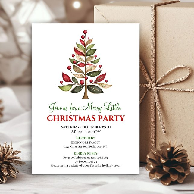 Red green artistic Christmas tree dinner invites Inbjudningar (Red green artistic Christmas tree dinner invitation)