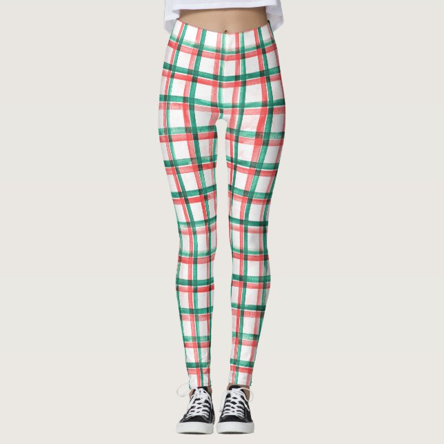 Red Green Check Plaid Christmas Leggings for Women (Framsida)
