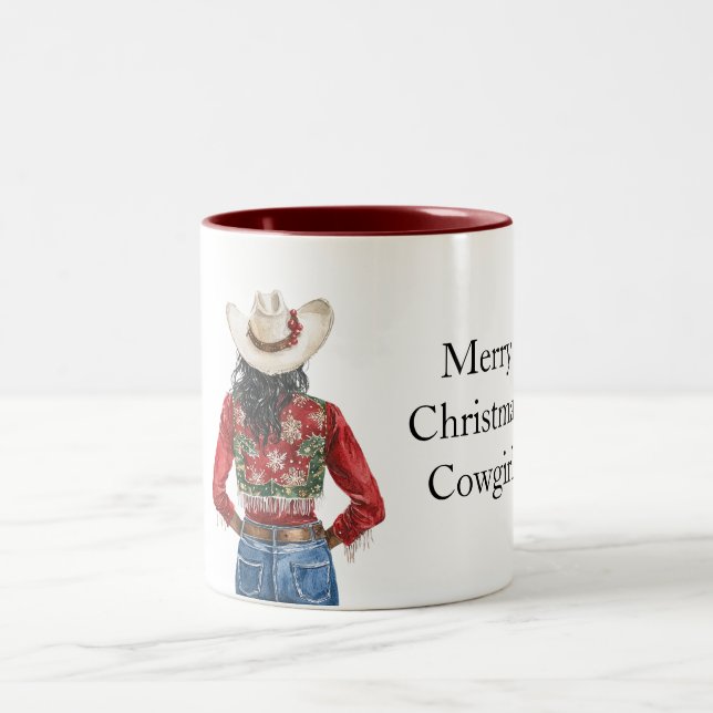 Red Green Christmas Cowgirl Black Hair Två-Tonad Mugg (Center)