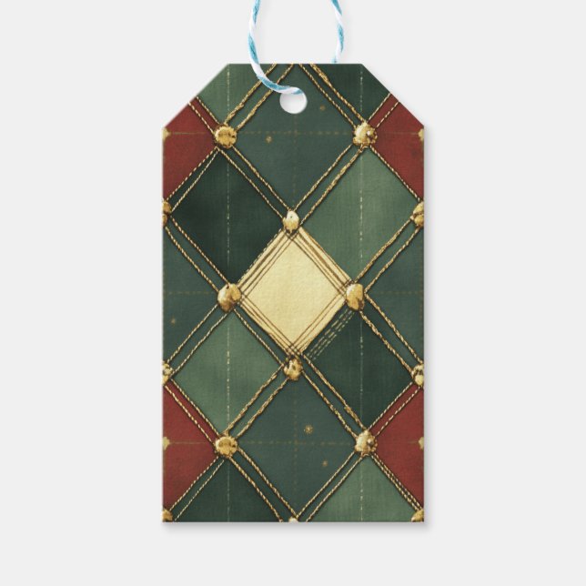 RED GREEN CREAM GOLD HOLIDAY DIAMOND PATTERN PRESENTETIKETT (Framsidan)
