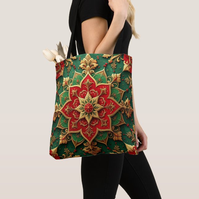 Red Green Decorative Christmas Holiday Tote Bag Tygkasse (Närbild)