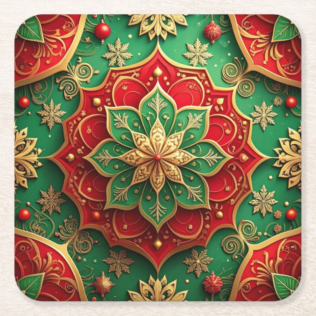 Red Green Decorative Holiday Paper Coaster Underlägg Papper Kvadrat (Framsidan)