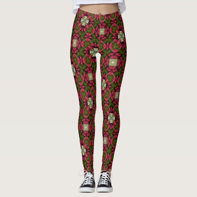  Red & Green Floral Kaleidoscope Leggings (Framsida)
