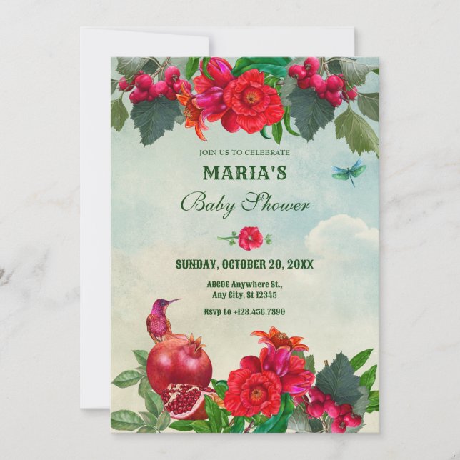 Red Green Flowers Bird Retro baby shower Inbjudningar (Framsida)