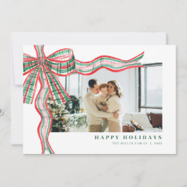 Red Green Holiday Plaid Bow Photo Christmas Card Julkort