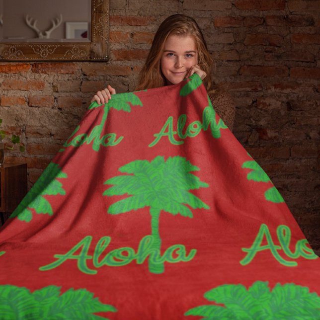 Red Green Palm Aloha Tropical Holiday Fleecefilt (Pretend you're in Hawaii this Christmas!)