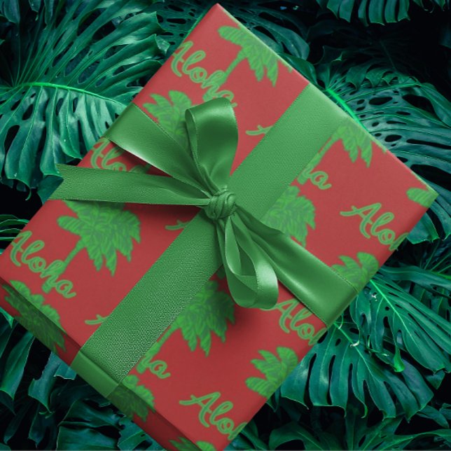 Red Green Palm Aloha Tropical Holiday Presentpapper (Red and green tropical gift wrap)