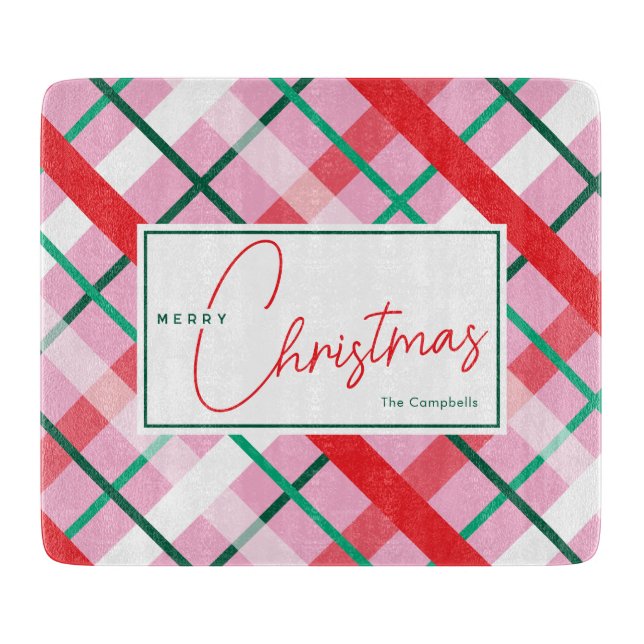 Red Green Pink Christmas Plaid Cutting Board (Framsidan)