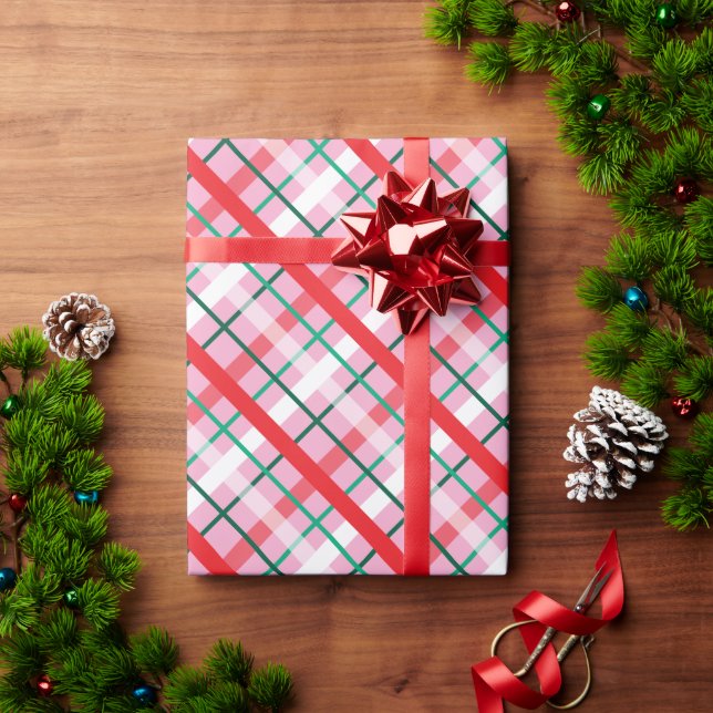 Red Green Pink Christmas Plaid Wrapping Paper Presentpapper (Julgåva)