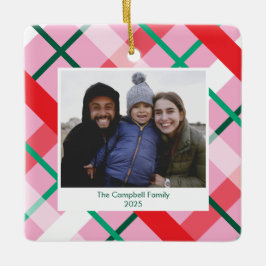 Red Green Pink Plaid Christmas Photo Ornament
