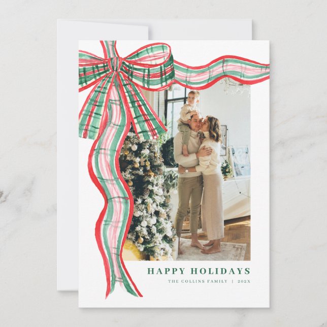 Red & Green Plaid Bow Christmas Photo Holiday Card Julkort (Framsida)