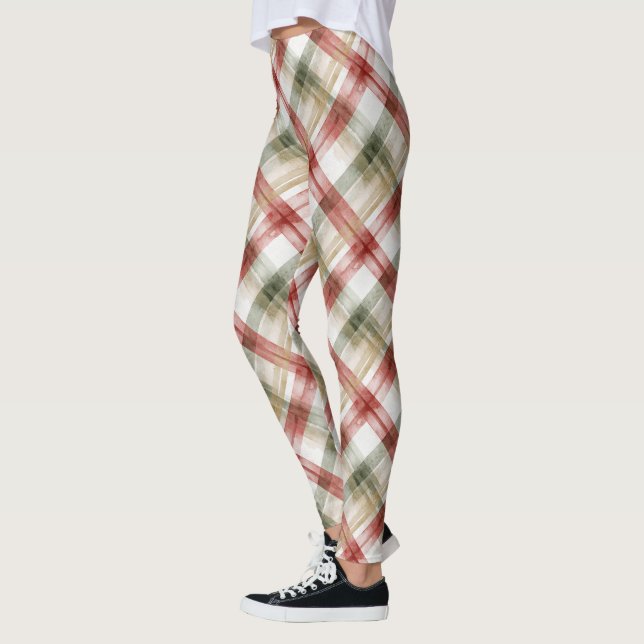 Red Green Plaid Christmas Stripes Leggings (Vänster)