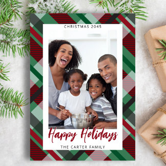 Red Green Plaid Photo Modern Happy Holidays Julkort