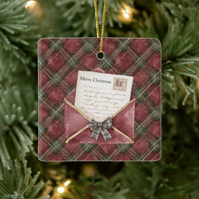 Red Green Plaid Stripes Letter Christmas   Julgransprydnad Keramik (Träd)