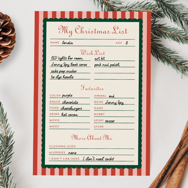 Red & Green Printable My Christmas List Card Inbjudningar (Skapare uppladdad)