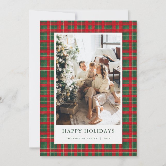 Red & Green Tartan Christmas Photo Holiday Card Julkort (Framsida)