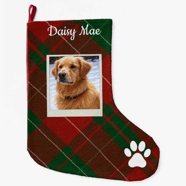 Red & Green Tartan Plaid Personalized Pet Stor Julstrumpa (Framsidan)