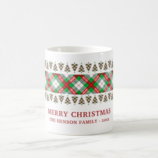Red Green Vintage Christmas Tree Plaid Pattern Kaffemugg (Center)