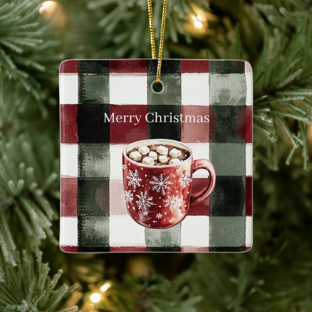 Red Green White Plaid Snowflakes Cocoa Christmas Julgransprydnad Keramik (Träd)
