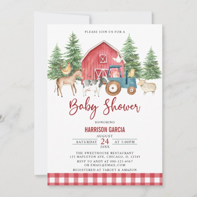 Red Greenery Barnyard Boskap Baby Shower Inbjudningar (Framsida)