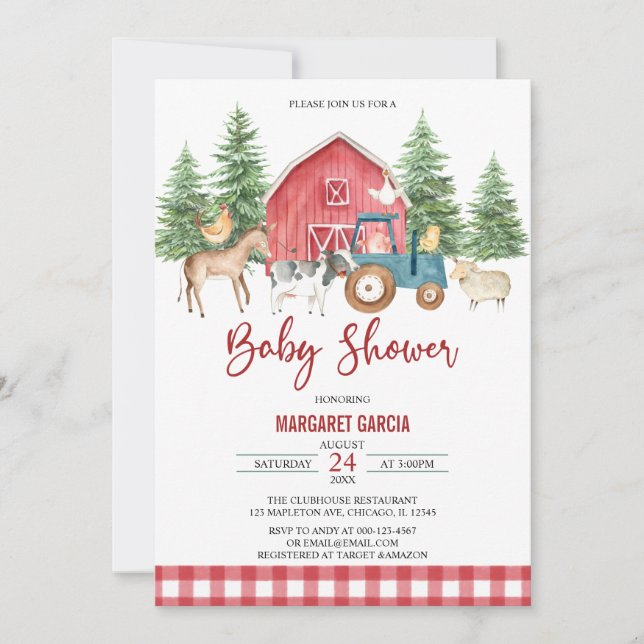 Red Greenery Barnyard Boskap Baby Shower Inbjudningar (Framsida)