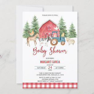 Red Greenery Barnyard Boskap Baby Shower Inbjudningar